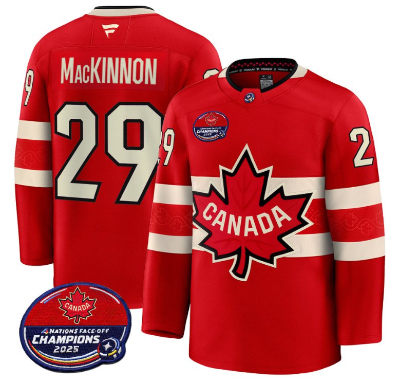 Men's Nathan MacKinnon Jersey #29 Canada 4 Nations Face-Off 2025 Champions V2 Red All Stitched