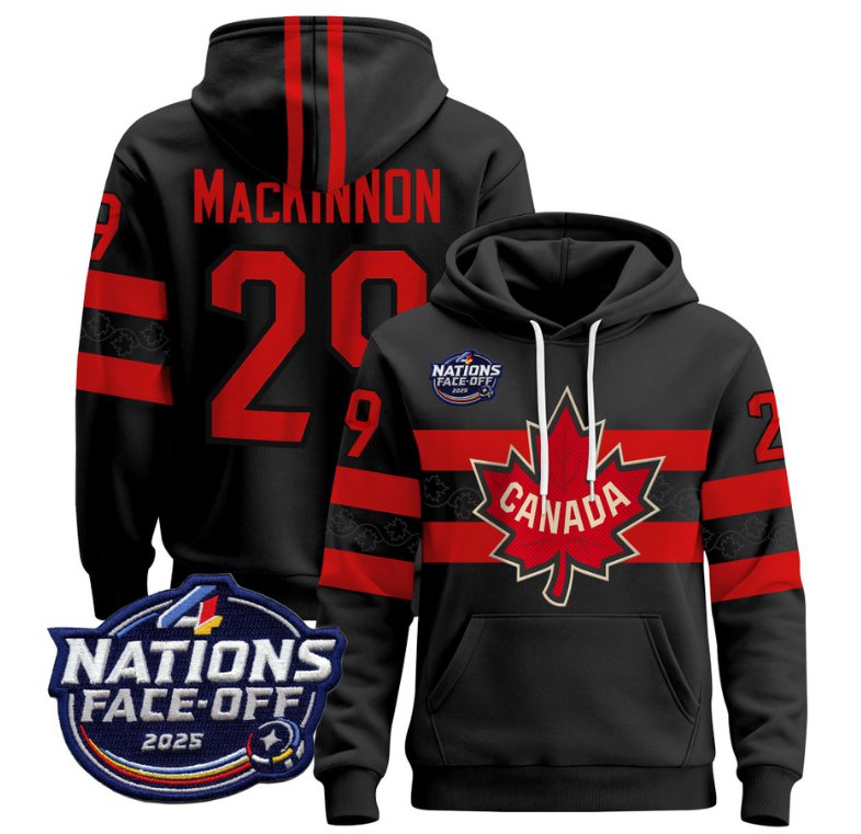 Men's Nathan MacKinnon Pullover Hoodie #29 Canada 4 Nations Face-Off 2025 V2 Black