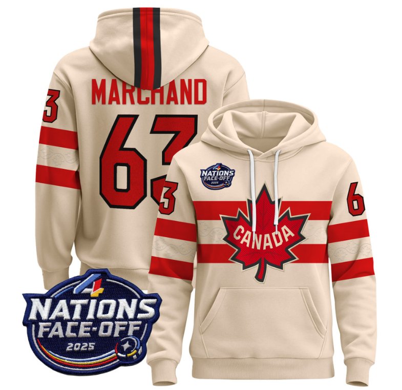 Men's Brad Marchand Hoodie #63 Canada 4 Nations Face-Off 2025 Pullover V2 Cream