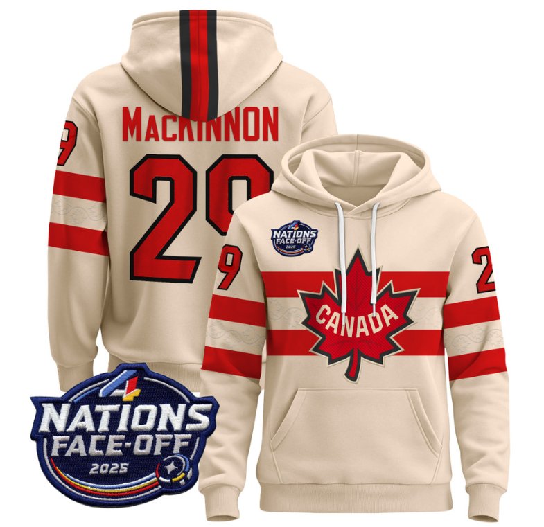 Men's Nathan MacKinnon Pullover Hoodie #29 Canada 4 Nations Face-Off 2025 V2 Cream