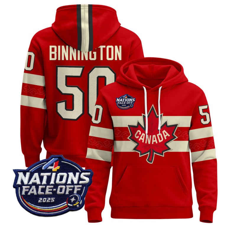 Men's Jordan Binnington Hoodie #50 Canada 4 Nations Face-Off 2025 Pullover V2 Red