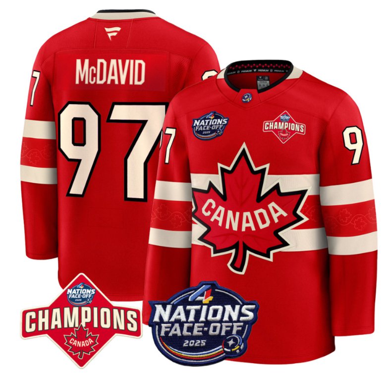 Men's Canada #97 Connor McDavid Red 4 Nations Face-Off 2025 Champions Stitched Hockey Jersey