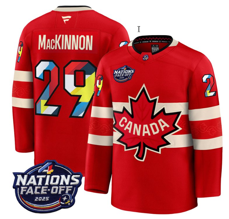 Men's Canada #29 Nathan MacKinnon Red 4 Nations Face-Off 2025 V2 Stitched Hockey Jersey