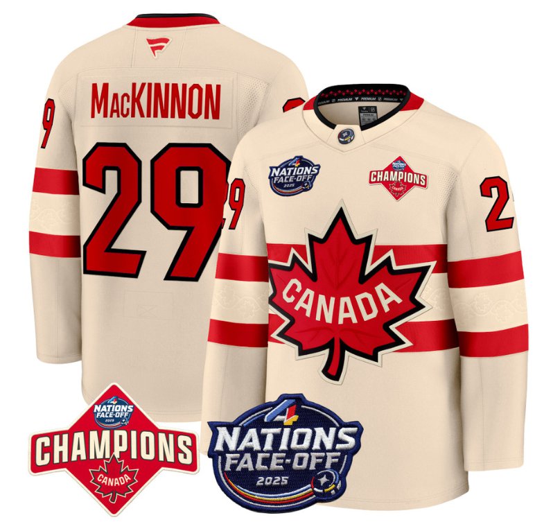 Men's Canada #29 Nathan MacKinnon Cream 4 Nations Face-Off 2025 Champions Stitched Hockey Jersey