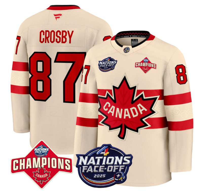 Men's Canada #87 Sidney Crosby Cream 4 Nations Face-Off 2025 Champions Stitched Hockey Jersey