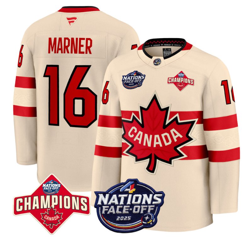 Men's Canada #16 Mitch Marner Cream 4 Nations Face-Off 2025 Champions Stitched Hockey Jersey