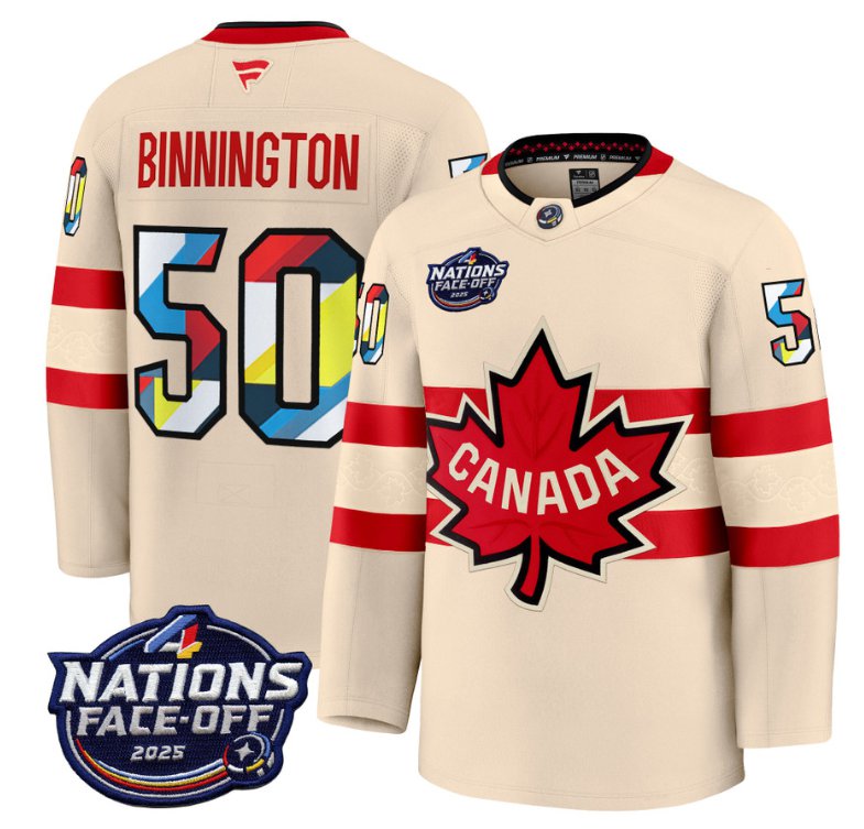 Men's Canada #50 Jordan Binnington Cream 4 Nations Face-Off 2025 V2 Stitched Hockey Jersey