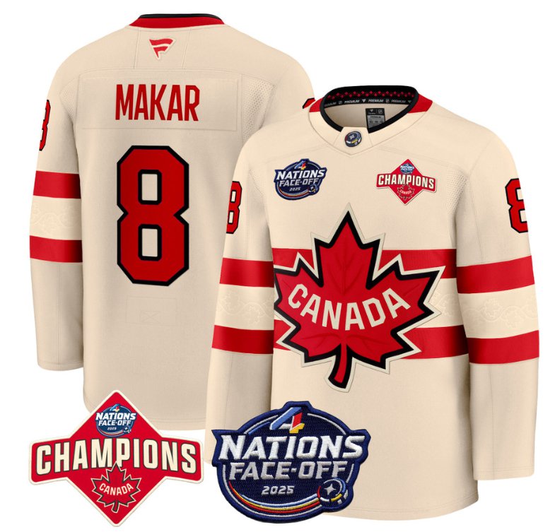 Men's Canada #8 Cale Makar Cream 4 Nations Face-Off 2025 Champions Stitched Hockey Jersey