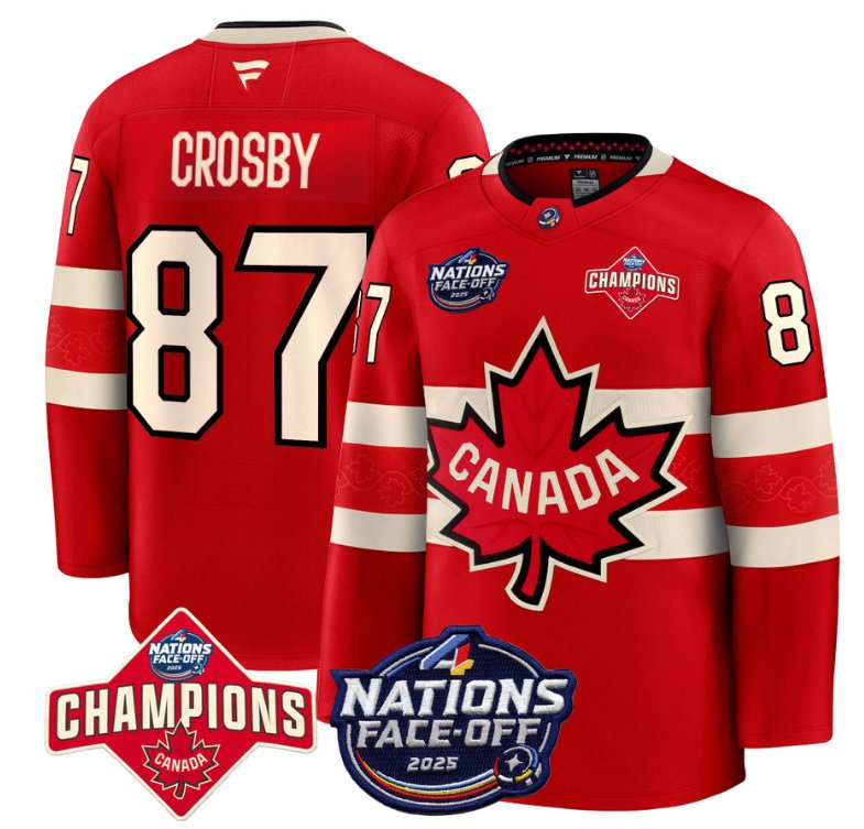 Men's Canada #87 Sidney Crosby Red 4 Nations Face-Off 2025 Champions Stitched Hockey Jersey