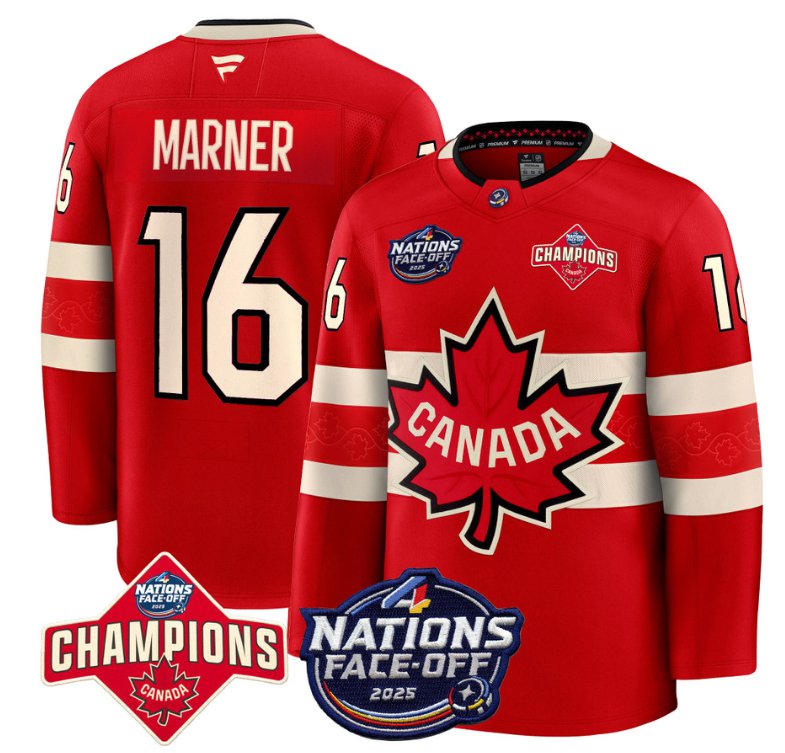 Men's Canada #16 Mitch Marner Red 4 Nations Face-Off 2025 Champions Patch Stitched Hockey Jersey