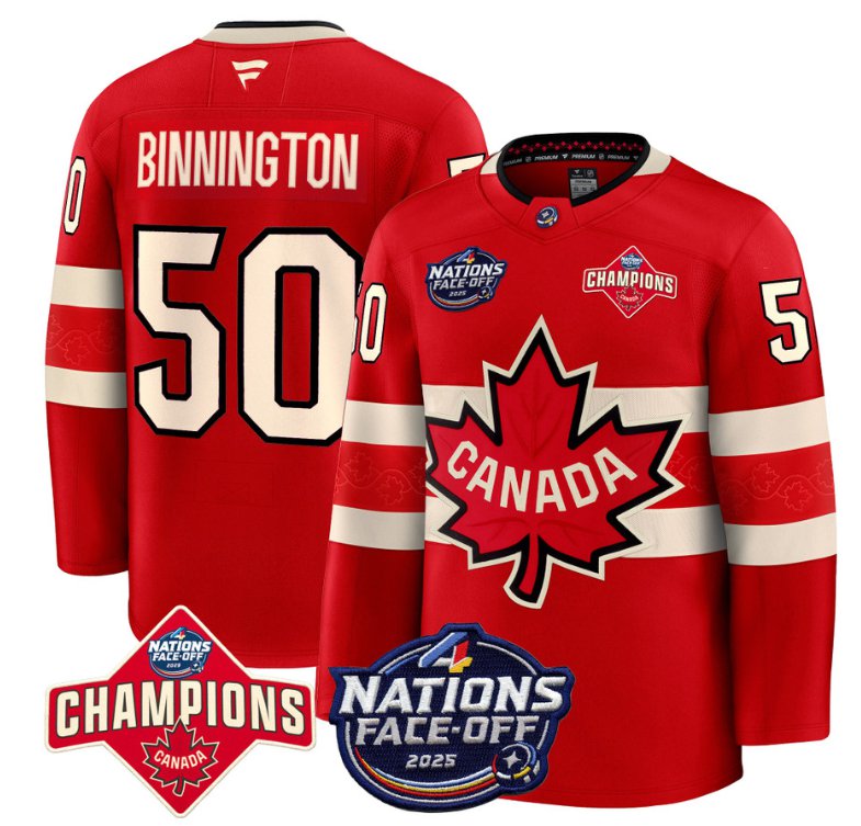 Men's Canada #50 Jordan Binnington Red 4 Nations Face-Off 2025 Champions Stitched Hockey Jersey