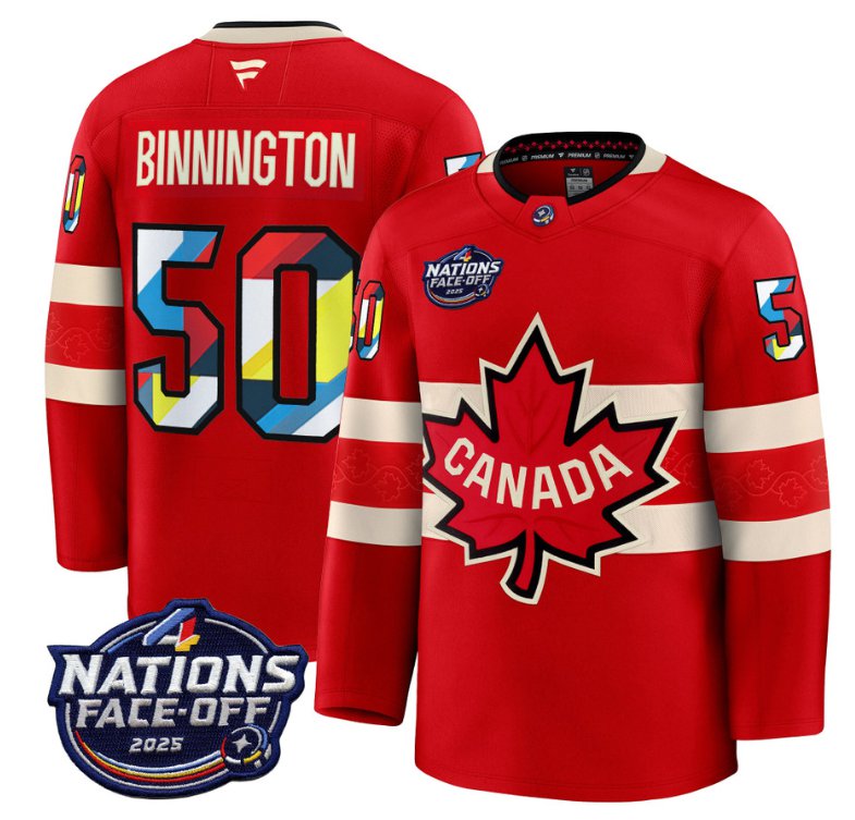 Men's Canada #50 Jordan Binnington Red 4 Nations Face-Off 2025 V2 Stitched Hockey Jersey