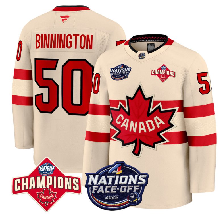 Men's Canada #50 Jordan Binnington Cream 4 Nations Face-Off 2025 Champions Stitched Hockey Jersey