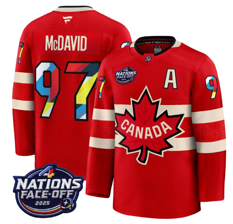 Men's Canada #97 Connor McDavid Red 4 Nations Face-Off 2025 V2 Stitched Hockey Jersey