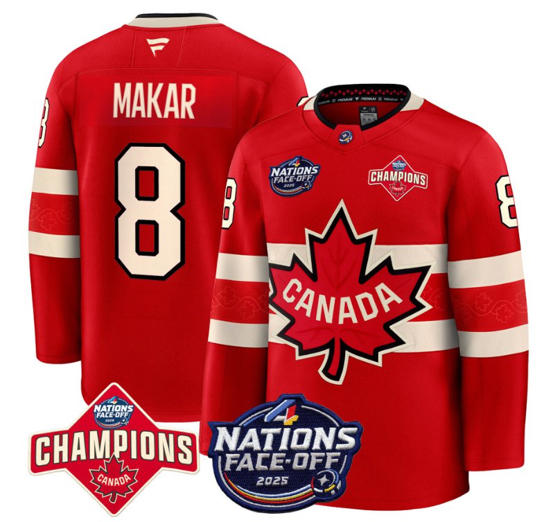 Men's Canada #8 Cale Makar Red 4 Nations Face-Off 2025 Champions Stitched Hockey Jersey