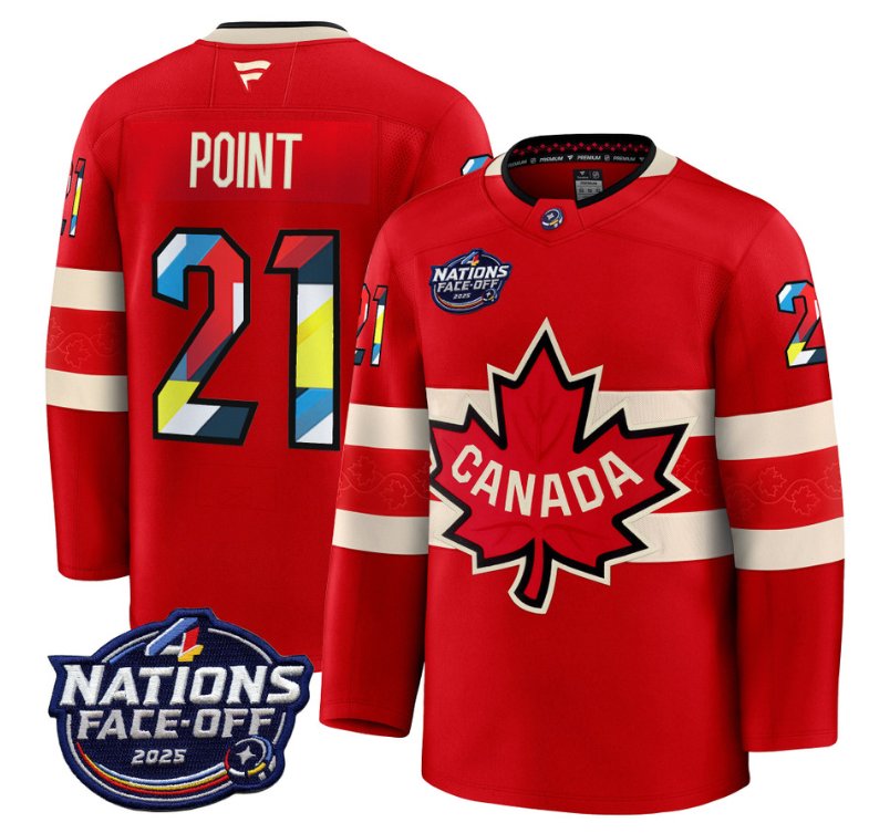 Men's Canada #21 Brayden Point Red 4 Nations Face-Off 2025 V2 Stitched Hockey Jersey