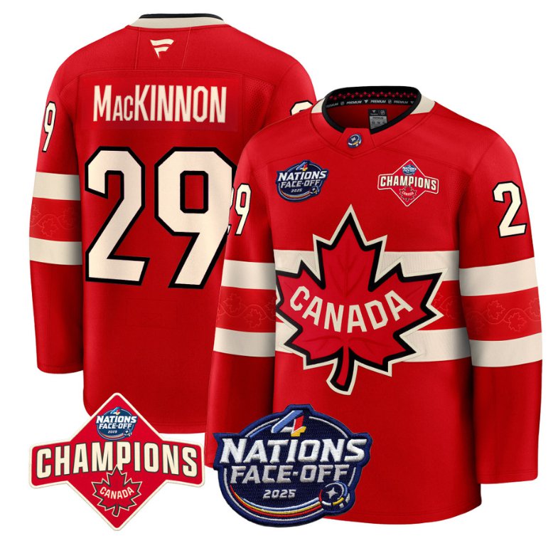 Men's Canada #29 Nathan MacKinnon Red 4 Nations Face-Off 2025 Champions Stitched Hockey Jersey