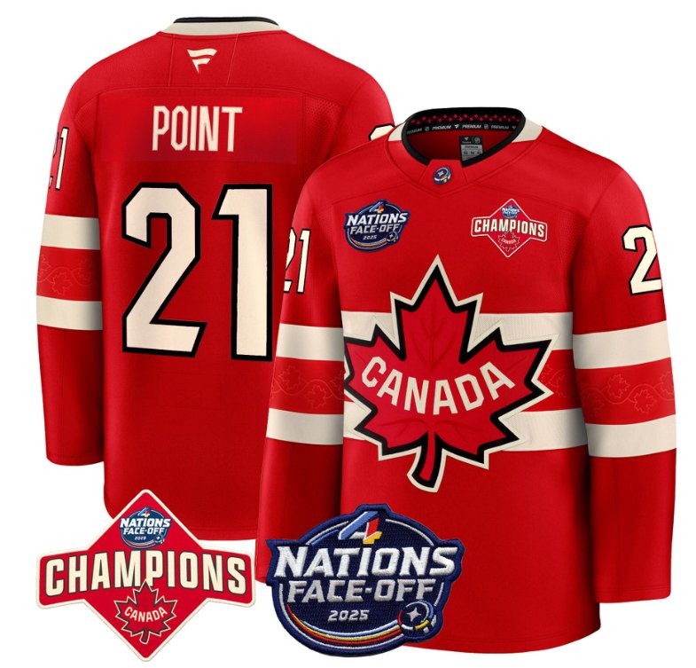 Men's Canada #21 Brayden Point Red 4 Nations Face-Off 2025 Champions Stitched Hockey Jersey