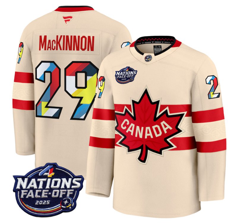 Men's Canada #29 Nathan MacKinnon Cream 4 Nations Face-Off 2025 V2 Stitched Hockey Jersey