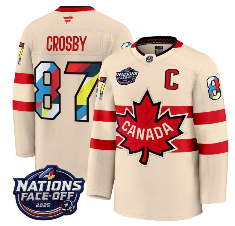 Men's Canada #87 Sidney Crosby Cream 4 Nations Face-Off 2025 V2 Stitched Hockey Jersey