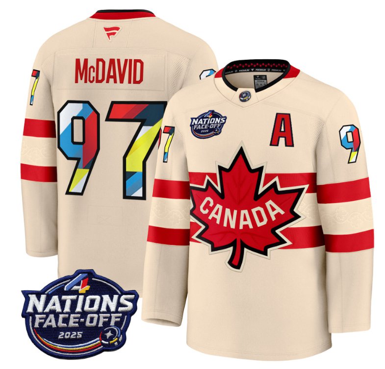 Men's Canada #97 Connor McDavid Cream 4 Nations Face-Off 2025 V2 Stitched Hockey Jersey