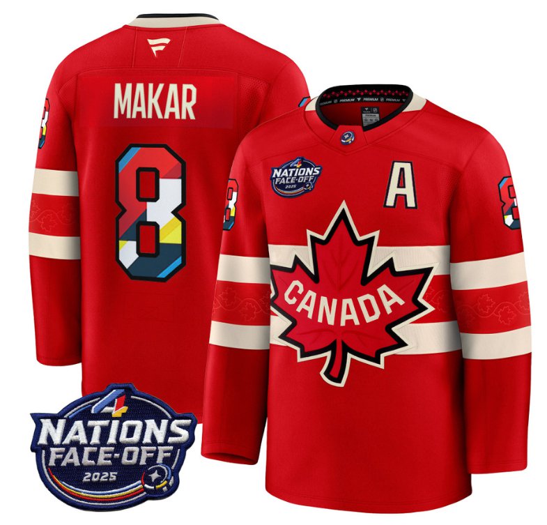 Men's Canada #8 Cale Makar Red 4 Nations Face-Off 2025 V2 Stitched Hockey Jersey