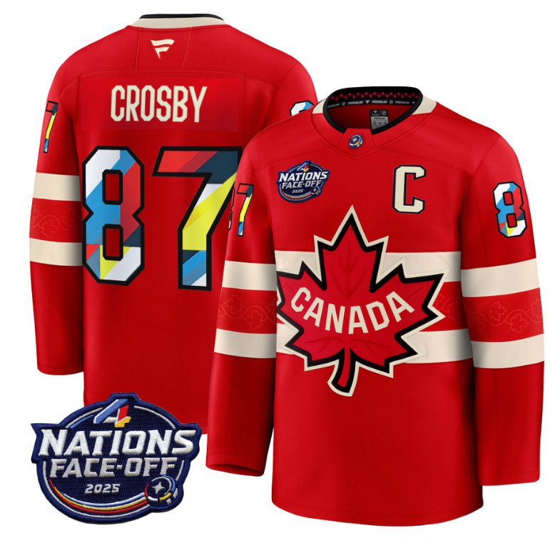 Men's Canada #87 Sidney Crosby Red 4 Nations Face-Off 2025 V2 Stitched Hockey Jersey