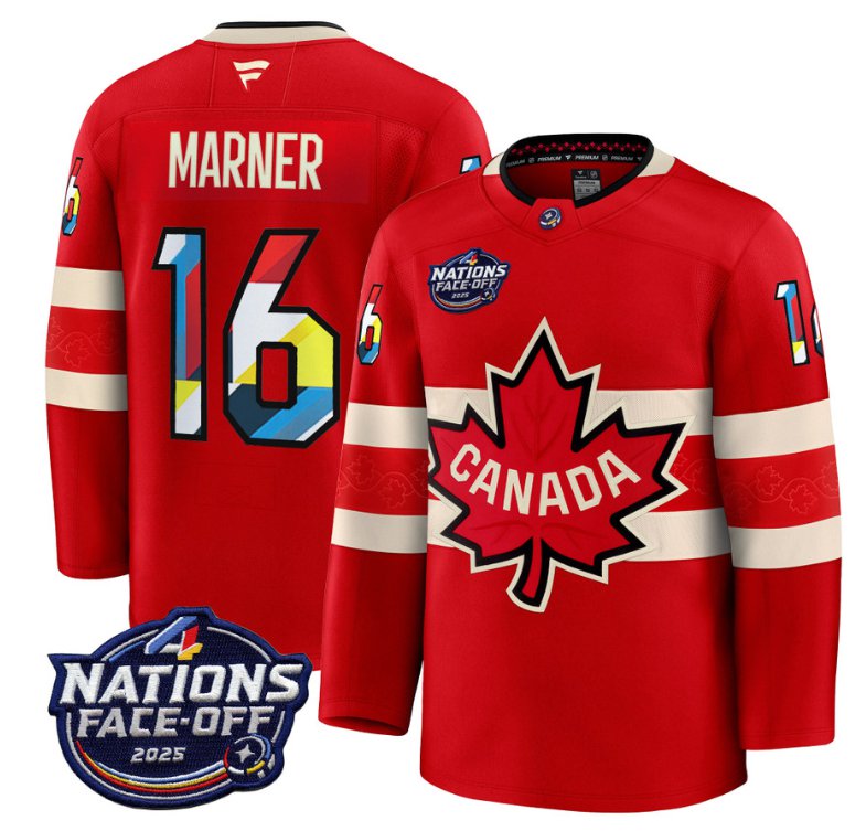 Men's Canada #16 Mitch Marner Red 4 Nations Face-Off 2025 V2 Stitched Hockey Jersey