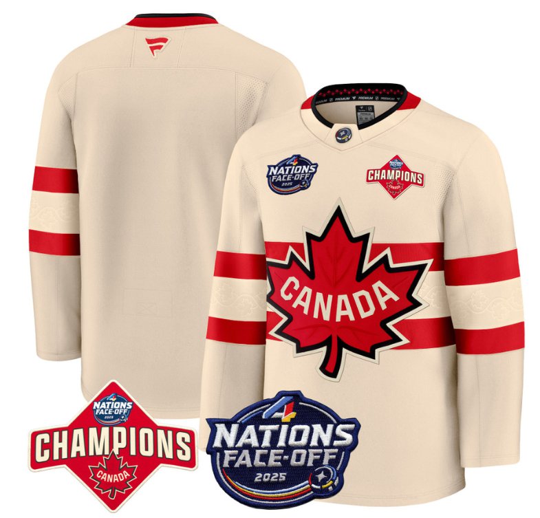 Men's Canada Blank Cream 4 Nations Face-Off 2025 Champions Patch Stitched Hockey Jersey