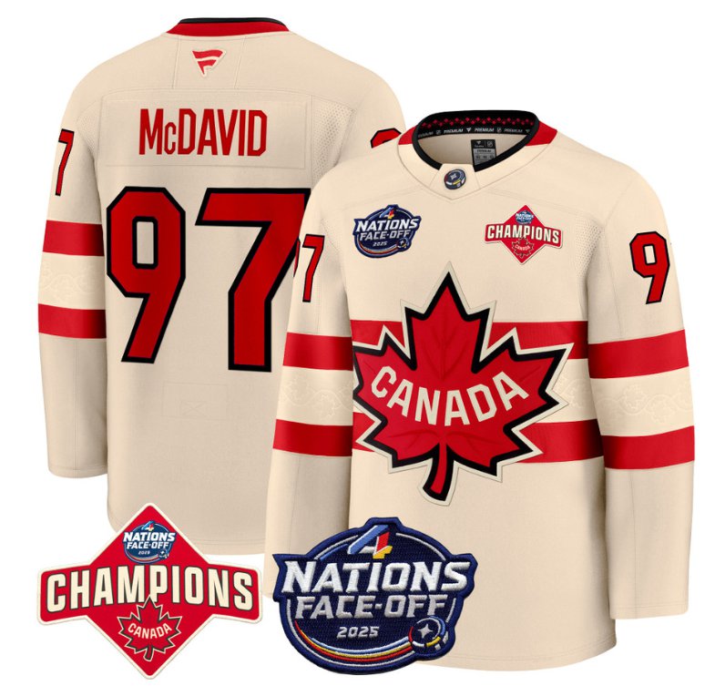 Men's Canada #97 Connor McDavid Cream 4 Nations Face-Off 2025 Champions Stitched Hockey Jersey