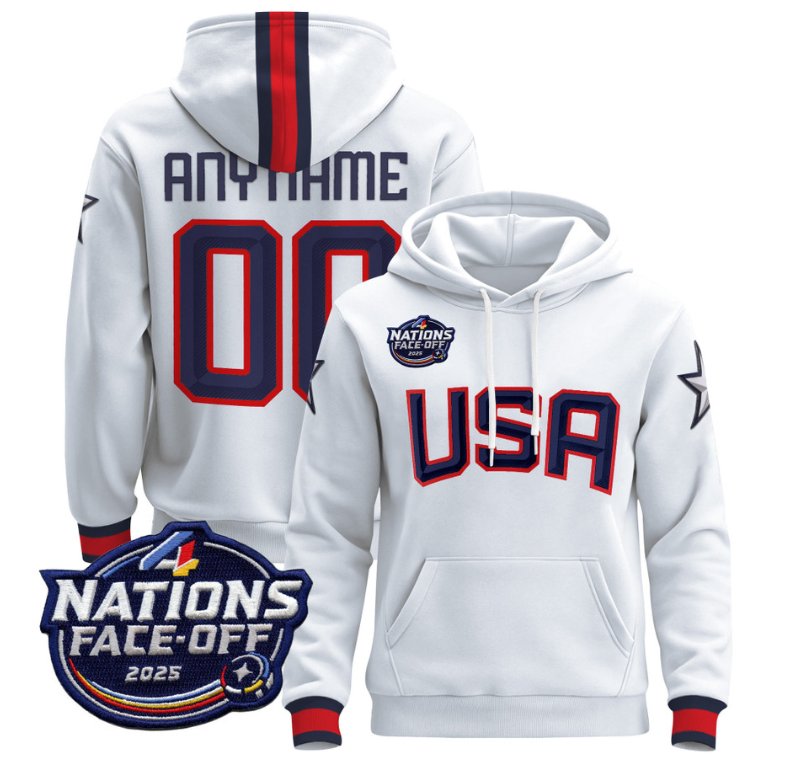 Men's Custom USA Hoodie 4 Nations Face-Off 2025 Pullover All Stitched White