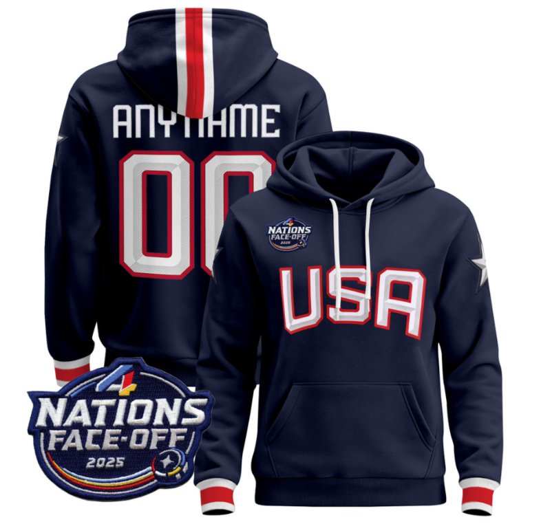 Men's Custom USA Hoodie 4 Nations Face-Off 2025 Pullover All Stitched Navy