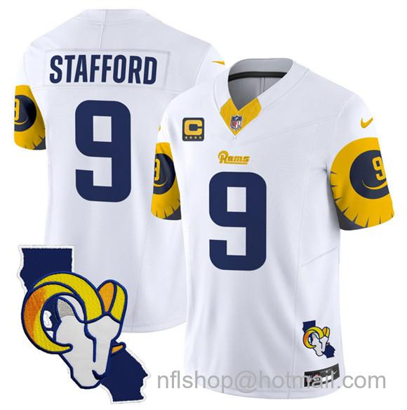 Men's Los Angeles Rams #9 Matthew Stafford White 2025 4-Star C Patch F.U.S.E. V2 Limited Stitched Football Jersey