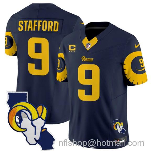 Men's Los Angeles Rams #9 Matthew Stafford Navy 2025 4-Star C Patch F.U.S.E. V2 Limited Stitched Football Jersey