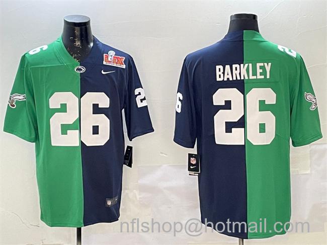 Men's Philadelphia Eagles #26 Saquon Barkley Green & Navy Split 2025 Super Bowl LIX Patch Vapor Untouchable Limited Stitched Football Jersey