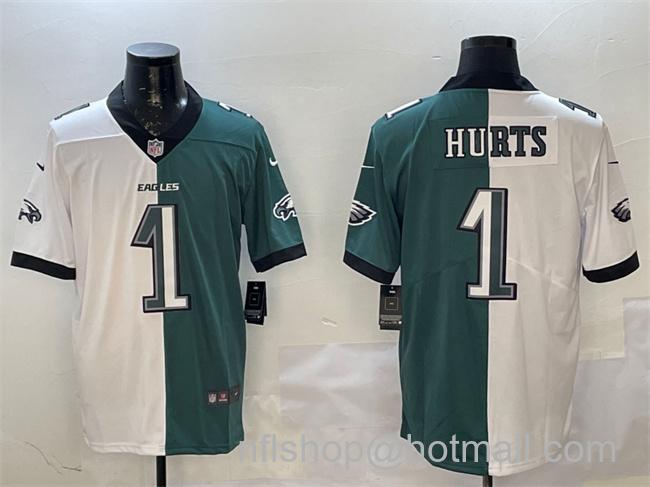 Men's Philadelphia Eagles #1 Jalen Hurts White & Green Split Vapor Untouchable Limited Stitched Football Jersey