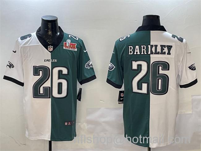 Men's Philadelphia Eagles #26 Saquon Barkley White & Green Split 2025 Super Bowl LIX Patch Vapor Untouchable Limited Stitched Football Jersey