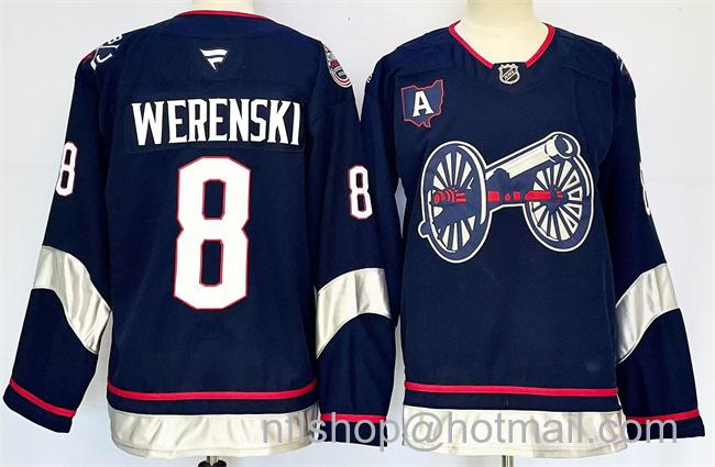 Men's Columbus Blue Jackets #8 Zach Werenski Navy 2025 Stadium Series With A Patch Stitched Hockey Jersey