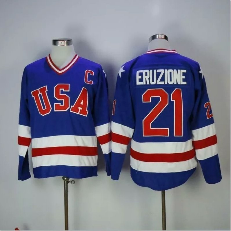 Men's Mike Eruzione Jersey #21 1980 Miracle On Ice Blue All Stitched