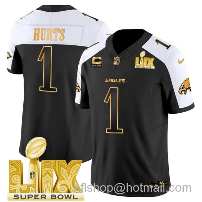 Men's Philadelphia Eagles #1 Jalen Hurts Black Gold 2025 Super Bowl LIX With 4-Star C Patch New F.U.S.E. Vapor Untouchable Limited Stitched Football Jersey