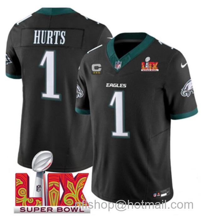 Youth Philadelphia Eagles #1 Jalen Hurts Black 2025 Super Bowl LIX With 3-Star C Patch New F.U.S.E. Vapor Untouchable Limited Stitched Football Jersey