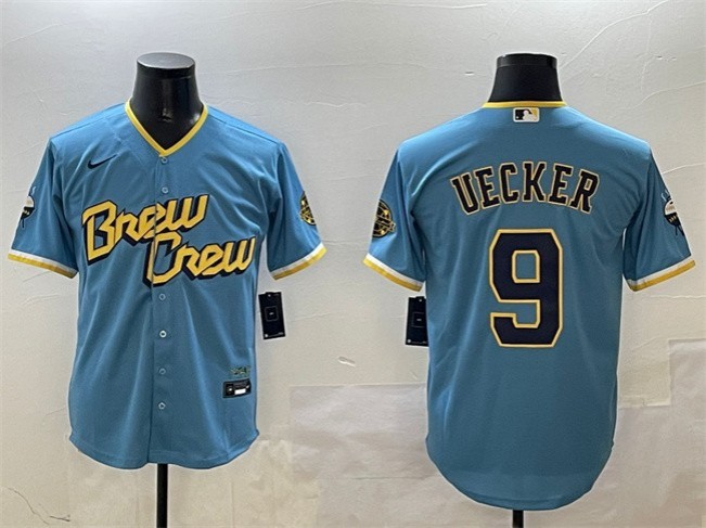 Men's Milwaukee Brewers #9 Bob Uecker Powder Blue City Connect With Patch Cool Base Stitched Jersey