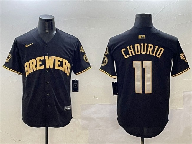 Men's Milwaukee Brewers #11 Jackson Chourio Black Gold With Home Patch Limited Stitched Baseball Jersey