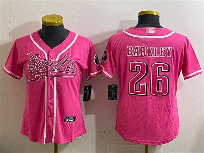 Women's Philadelphia Eagles #26 Saquon Barkley Pink Cool Base Stitched Baseball Jersey(Run Small)