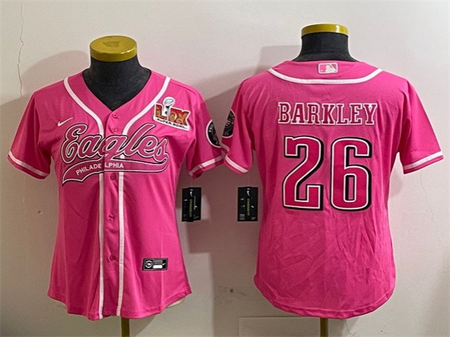 Women's Philadelphia Eagles #26 Saquon Barkley Pink 2025 Super Bowl LIX Patch Cool Base Stitched Baseball Jersey(Run Small)