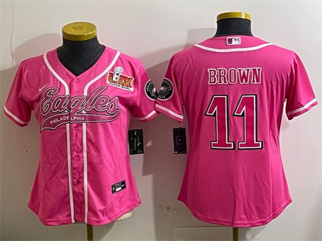 Women's Philadelphia Eagles #11 A.J. Brown Pink 2025 Super Bowl LIX Patch Cool Base Stitched Baseball Jersey(Run Small)