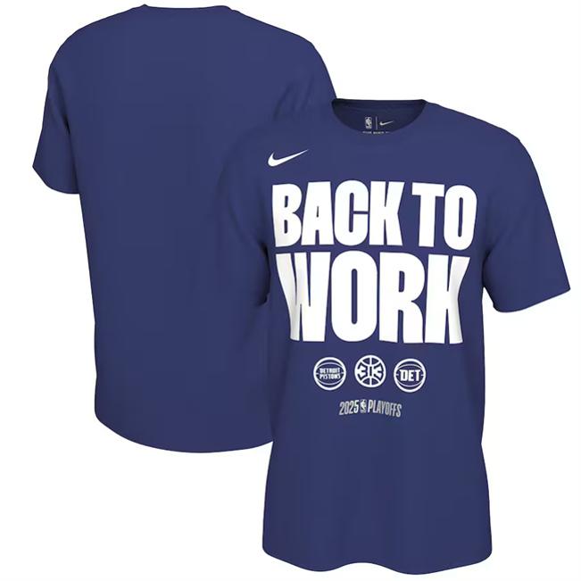 Men's Detroit Pistons Blue 2025 Playoffs On-Court Mantra T-Shirt