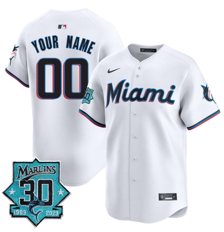 Custom Miami Marlins Jersey 30 Seasons Anniversary Patch Vapor Premier Limited Stitched White