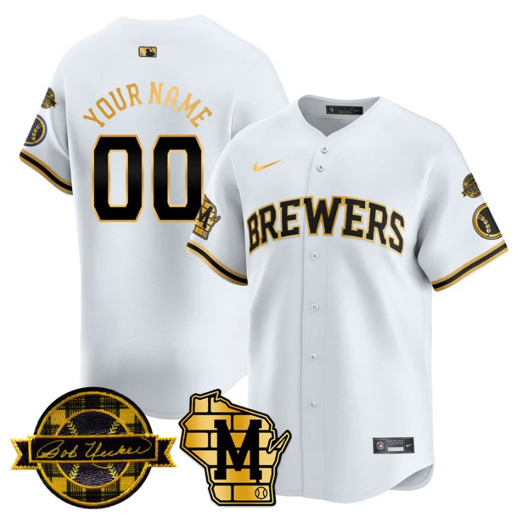 Custom Milwaukee Brewers Jersey 2025 Limited Bob Uecker Patch Stitched White Gold