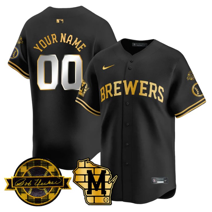 Custom Milwaukee Brewers Jersey 2025 Limited Bob Uecker Patch Stitched Black Gold